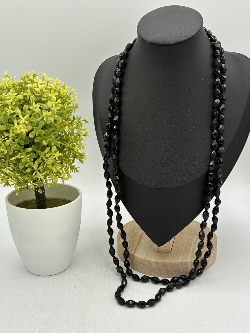 Vintage Austria Black Faceted Glass Bead Single Strand Necklace 54" Knotted